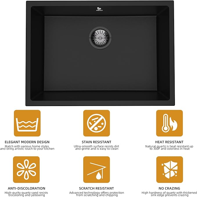 23-inch Granite Composite Kitchen Sink, GABETLET Undermount Quartz Kitchen Sinks with Spacious Workspace and Easy Cleaning, Black Single Bowl Deep Sink with Complete Accessories