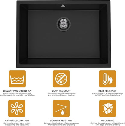 23-inch Granite Composite Kitchen Sink, GABETLET Undermount Quartz Kitchen Sinks with Spacious Workspace and Easy Cleaning, Black Single Bowl Deep Sink with Complete Accessories