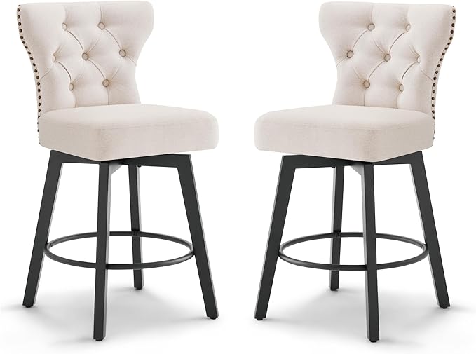 KISLOT Counter Height Barstools 26 inch Upholstered Button Tufted Swivel Bar Stools with Back for Kitchen Island,Set of 2,Beige Fabric
