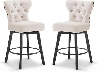 KISLOT Counter Height Barstools 26 inch Upholstered Button Tufted Swivel Bar Stools with Back for Kitchen Island,Set of 2,Beige Fabric