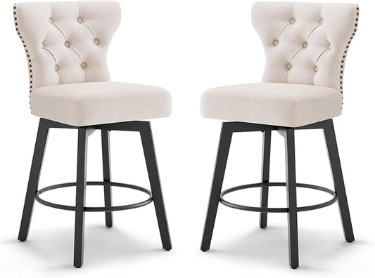 KISLOT Counter Height Barstools 26 inch Upholstered Button Tufted Swivel Bar Stools with Back for Kitchen Island,Set of 2,Beige Fabric