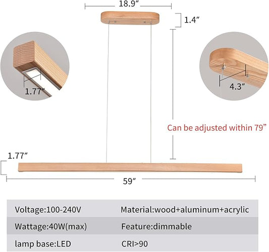 YISDESIGN 59" Wood Linear Pendant Light Fixtures Led Dining Room Chandelier Linear Kitchen Island Hanging Lights Dimmable Modern Pendant Light for Dining Room Kitchen Island Pool Table Lights Natural