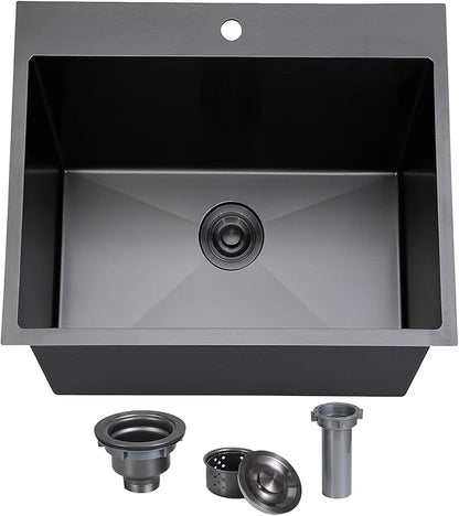SHACO 18x18 Inch Drop In Black Bar Sink, 18 Inch Gunmetal Black Top Small Mount Kitchen Sink, 304 Stainless Steel 16 Gauge Single Bowl Laundry Prep RV Sink with Strainer Drain