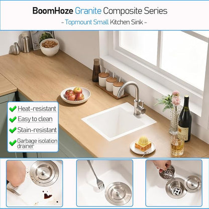 13x15 Inch Drop In Bar Sink, White Granite Composite Quartz Drop In Sink RV Wet Bar Prep Sink Quartz Topmount Single Bowl Kitchen Basin with Small Rubber Squeegee