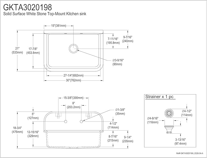 Kingston Brass GKTA3020198 Arcticstone 30-Inch Solid Surface Top-Mount Kitchen Sink with Backsplash, Matte White