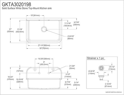 Kingston Brass GKTA3020198 Arcticstone 30-Inch Solid Surface Top-Mount Kitchen Sink with Backsplash, Matte White