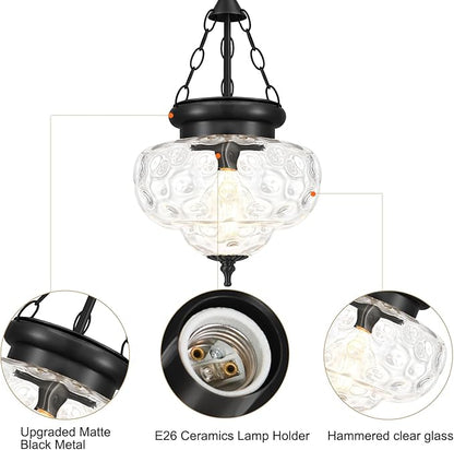Vintage Pendant Light - Matte Black Pendant Lights Kitchen Island with Hammered Glass Shade, Hanging Lighting Fixtures with Adjustable Hanging Chain for Kitchen, Island, Dining Room, Entryway