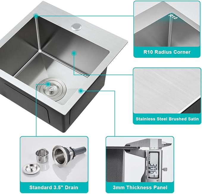 22" Kitchen Sink Drop in, 22" x 18" Single Bowl Sink Topmount 18 Gauge Stainless Steel Kitchen Sink (Brushed)