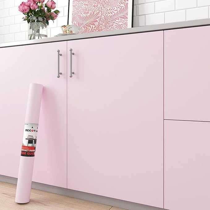 Decotalk Pink Wallpaper - Pink Peel and Stick Wallpaper for Bedroom Pinkish Wall Paper Vinyl Wrap 17.7x120 Inch Pinkish Contact Paper for Cabinets and Drawers Solid Color Vinyl Wrap Self Adhesive