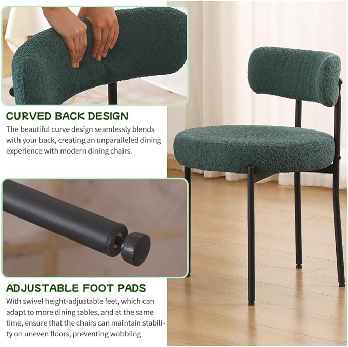 EDWELL Dining Chairs Set of 6, Modern Upholstered Dining Room Chairs with Black Metal Legs, Green Curved Backrest Kitchen Chair for Dining Room, Living Room