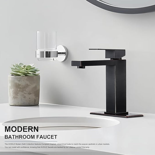 AVSIILE Oil Rubbed Bronze Bathroom Faucet, Single Hole Vanity Bath Faucet, Single Handle Modern Stainless Steel Bathroom Faucets for Sink 1 Hole with Pop Up Drain Stopper & Water Supply Hoses