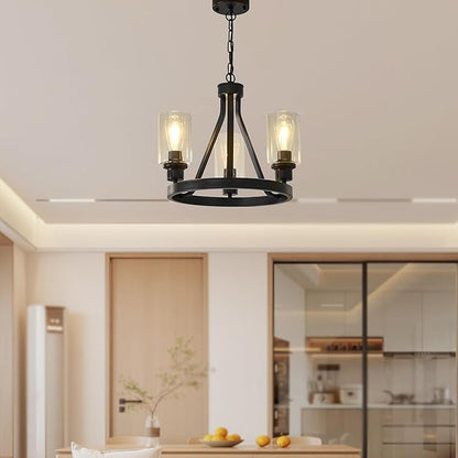 Bronze Chandelier,Farmhouse Chandelier Lighting Round 3 Lights with Glass Shade Ceiling Hanging Vintage Rustic Light Fixture for Dining Room Living Room Foyer Porch Kitchen Island