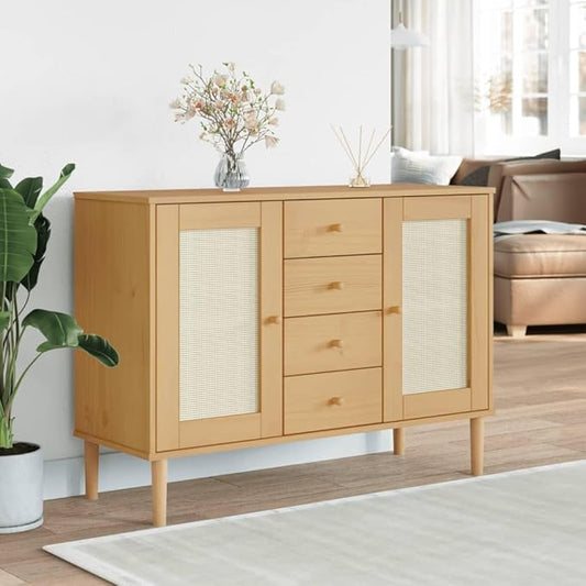 Brown Solid Pine Wood Sideboard, Engineered Wood Rattan Look Buffet Cabinet with 4 Drawers, 2 Sliding Doors, 44.1" Wide for Living Room, Dining Room Kitchen Furniture
