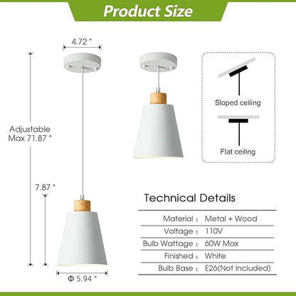 Mini Pendant Light Fixtures White Wood Pendant Lighting for Kitchen Island 7.87in Cone Modern Ceiling Hanging Lights Hollow Shade Nordic Island Light for Counter, Bar, Hallway