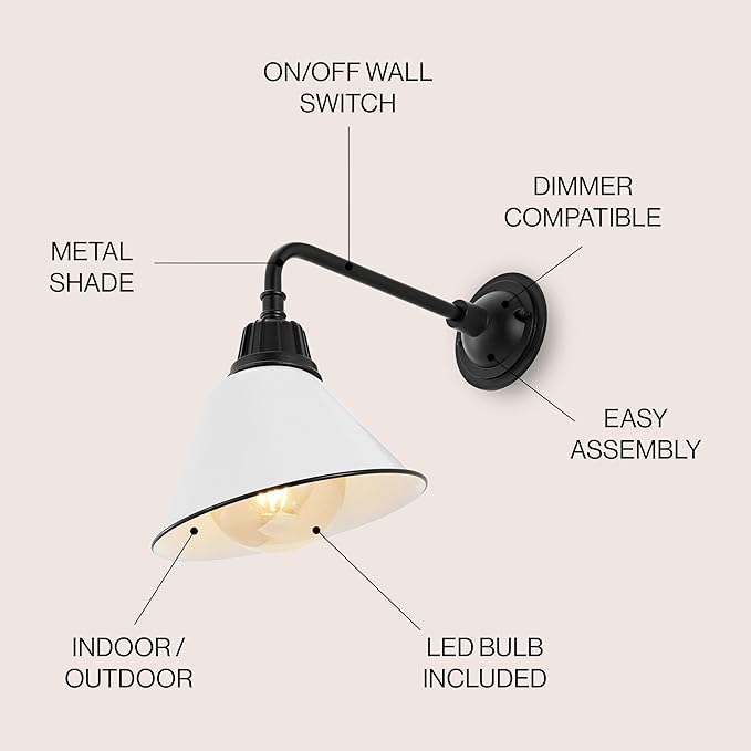 JONATHAN Y 9.63" White/Black 1-Light Farmhouse Outdoor Sconce, Industrial LED Wall Light, Gooseneck Arm Barn Lamp with Metal Bell Shade for Porch, Patio, Kitchen, LED Bulb Included JYL7612A