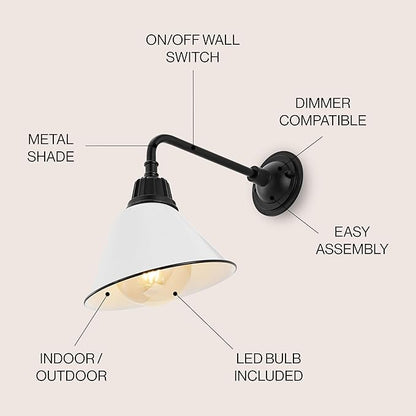 JONATHAN Y 9.63" White/Black 1-Light Farmhouse Outdoor Sconce, Industrial LED Wall Light, Gooseneck Arm Barn Lamp with Metal Bell Shade for Porch, Patio, Kitchen, LED Bulb Included JYL7612A