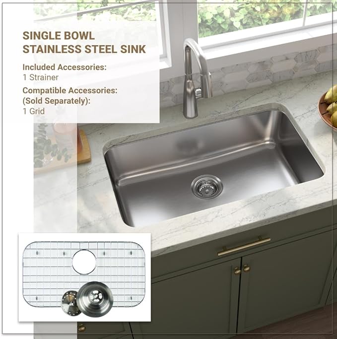 MSI 30 Inch Undermount Single Bowl 18 Gauge Stainless Steel Kitchen Bar Sink and Strainer