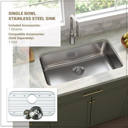 MSI 30 Inch Undermount Single Bowl 18 Gauge Stainless Steel Kitchen Bar Sink and Strainer