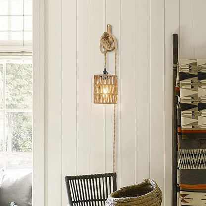 Boho Plug in Pendant Light, Hanging Light with Plug in Cord, Ceiling Lamp Rattan Cylinder Lamp Shade On-Off Switch, Hanging Plant Shelf Shelves Bohemian Decor for Bedroom Living Room Corner