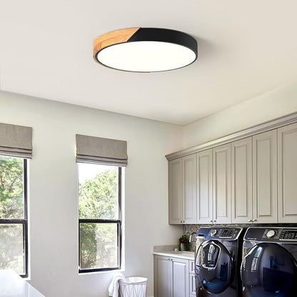 Vikaey Modern LED Ceiling Light, Minimalist Wood Flush Mount Ceiling Light Fixture, 4000K Not Dimmable, Circle Lighting Lamp with Acrylic Lampshade for Bedroom Dining Room Laundry (Black,15.8")