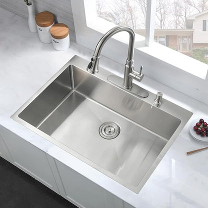 28 Inch Drop In Kitchen Sink Single Bowl, 28x22 Topmount 16 Gauge Stainless Steel Kitchen Sink Brushed Nickel Deep Basin 28x22x10