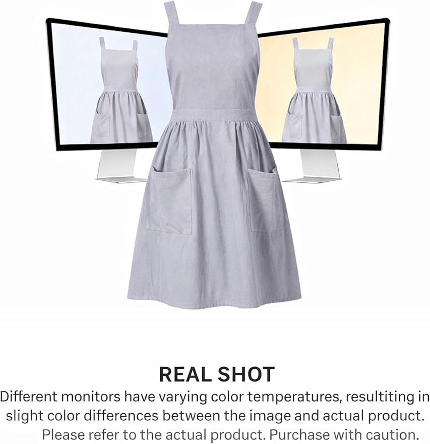 Pinknoke Cotton Linen Pinafore Apron Dress for Women with Pockets Cute Art Chef Aprons for Kitchen Baking Gardening Painting