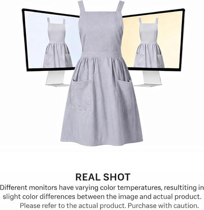 Pinknoke Cotton Linen Pinafore Apron Dress for Women with Pockets Cute Art Chef Aprons for Kitchen Baking Gardening Painting