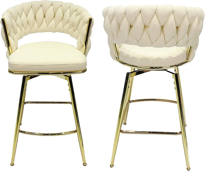 26" Bar Chair Toweling Woven Bar Stool Set of 2,Golden Legs Bar stools No Adjustable Kitchen Island Chairs,360 Swivel Bar Stools Upholstered Counter Stool Arm Chairs with Back Footrest (White)