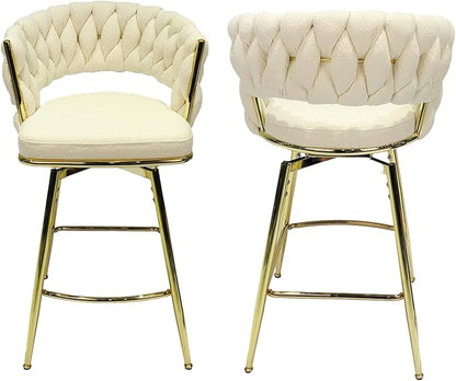 26" Bar Chair Toweling Woven Bar Stool Set of 2,Golden Legs Bar stools No Adjustable Kitchen Island Chairs,360 Swivel Bar Stools Upholstered Counter Stool Arm Chairs with Back Footrest (White)