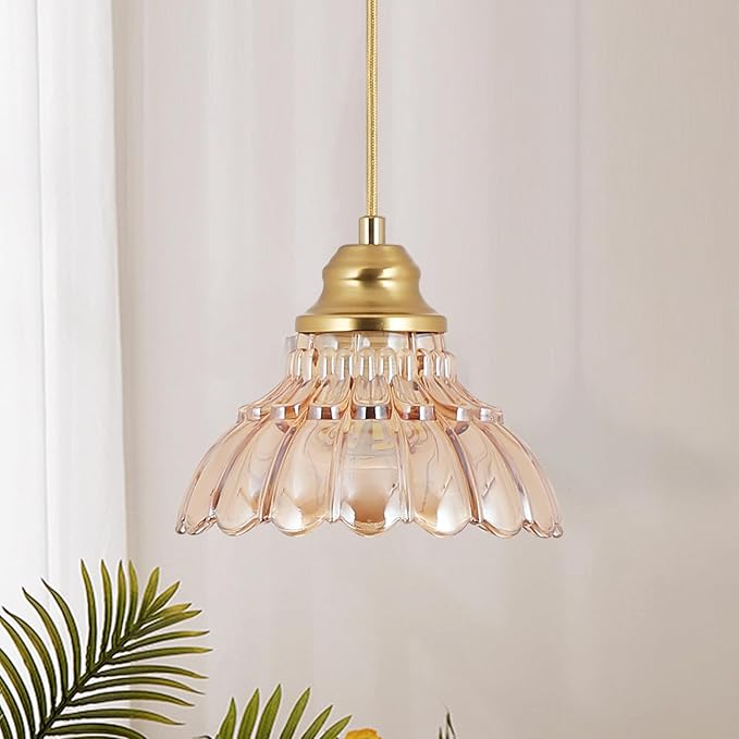 Vintage Pendant Lights Kitchen Island,Gold Pendant Light with Amber Glass Lampshade,Adjustable Hanging Light Fixture for Dining Room,Mini Chandeliers for Kitchen,Bedroom,Bathroom,Hallway