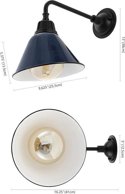 JONATHAN Y 9.63" Navy/Black 1-Light Farmhouse Outdoor Sconce, Industrial LED Wall Light, Gooseneck Arm Barn Lamp with Metal Bell Shade for Porch, Patio, Kitchen, LED Bulb Included (JYL7612C)