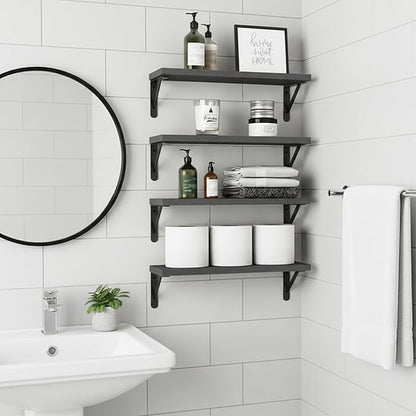 Fixwal Floating Shelves for Wall, Wood Wall Mounted Shelves for Bedroom, Bathroom, Living Room, Kitchen Storage and Decor(Black, Set of 4, 16.5 Inch)