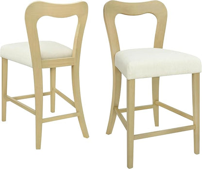 Counter Stools Without Arms Set of 2 (Light Ash + Beige) - Solid Rubberwood Frame & Fabric Seat, Ergonomic Curved Back, 300LBS Capacity for Kitchen Island, Dining Room, Home Bar