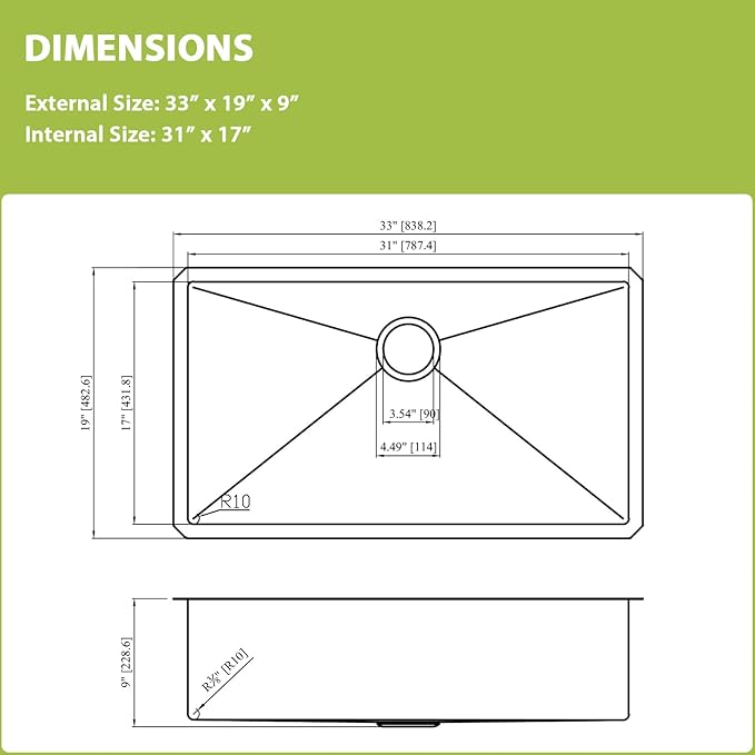 33x19 Undermount Kitchen Sink-33 Inch Stainless Steel Sinks 304 18 Gauge Single Bowl kitchen sinks 9" Deep Basin with Drain Assembly