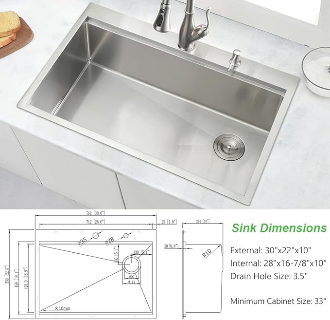 30 Inch Drop in Kitchen Sink, 30x22 Single Bowl Drop in Sink Kitchen Topmount Workstation 16 Gauge Stainless Steel Sink Deep Basin with Offset Drain