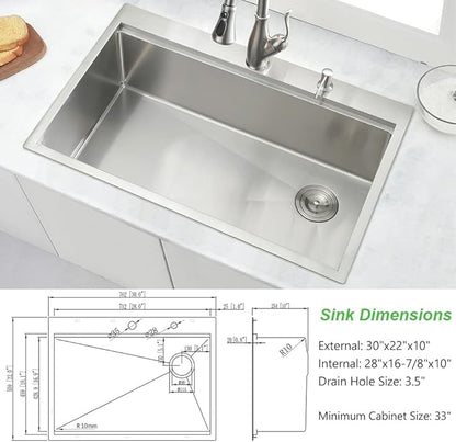 30 Inch Drop in Kitchen Sink, 30x22 Single Bowl Drop in Sink Kitchen Topmount Workstation 16 Gauge Stainless Steel Sink Deep Basin with Offset Drain