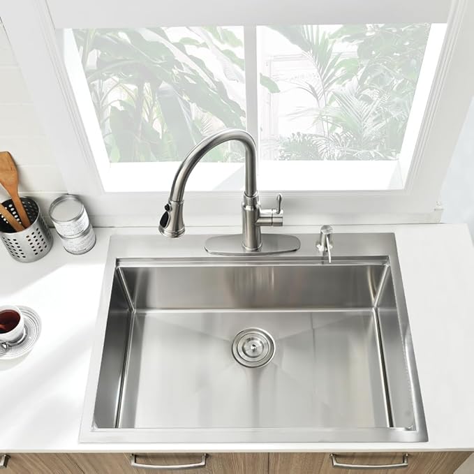 33x22 Drop in Kitchen Sink, Single Bowl Ledge Workstation 16 Gauge Stainless Steel Kitchen Sink Top Mount 2 Holes 10 Inch Deep (33"x22"10")