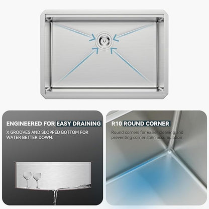 Lordear 28 Undermount Kitchen Sink Stainless Steel 16 Gauge Under Counter Workstation Sink Single Bowl 304 Stainless Steel One Basin Handmade Sinks