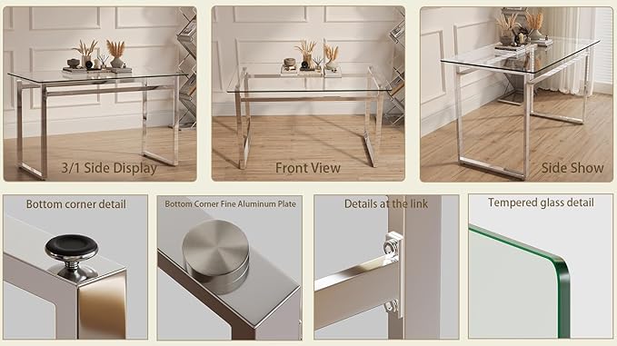 Modern Glass Dining Table for 4-6, 51" Rectangular Kitchen Dining Room Table with 0.31" Tempered Glass Tabletop and Silver Chrome Metal Legs, Writing Table Desk, for Kitchen Dining Living Room
