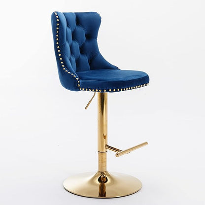 Golden Swivel Velvet Bar stools Adjusatble Seat Height from 25 33 Inch, Upholstered Bar Stools with Backs Comfortable Tufted for Home Pub and Kitchen Island,Blue,Set of 2