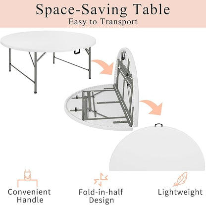 6 FT Round Folding Tables with Carrying Handle 72 inch Heavy Duty Portable Plastic Commercial Table Steel Legs for Party, Dining, Wedding, Events, Picnic Indoor, Outdoor (White,1 Pack)