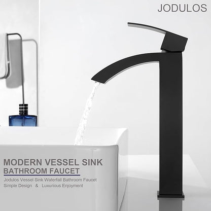 Black Matte Waterfall Vessel Sink Faucet Bathroom, Stainless Steel Tall Bathroom Faucet Single Hole with cUPC Supply Hose and Pop Up Stopper JU-BS101-BK