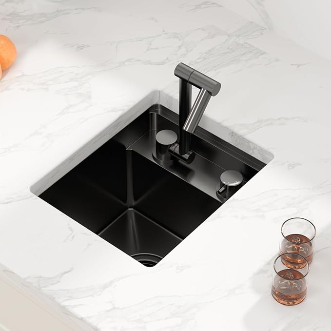 Sarlai Black Undermount Bar Sink With Foldable Faucet - 13x15 Inch Outdoor Black Kitchen Sink RV Workstation 16 Gauge Stainless Steel Single Bowl Handmade Outdoor BBQ Sinks with Lid