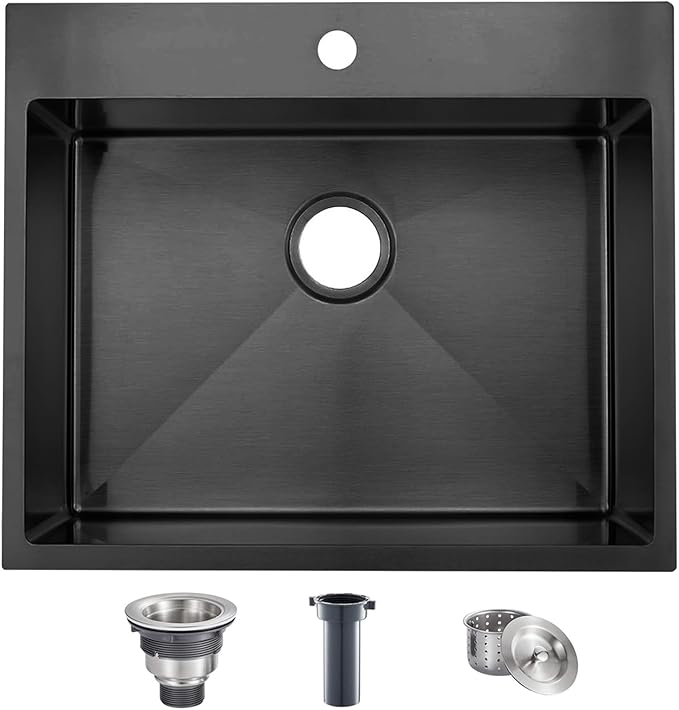 Black Drop In Bar Sink, 18 x 18 Inch Topmount RV 16 Gauge Gunmetal Black Stainless Steel Single Bowl Small Kitchen Sink, Handmade Modern Outdoor RV Wet Bar Perp Sinks with Drain