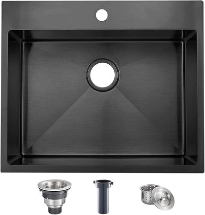 Black Drop In Bar Sink, 18 x 18 Inch Topmount RV 16 Gauge Gunmetal Black Stainless Steel Single Bowl Small Kitchen Sink, Handmade Modern Outdoor RV Wet Bar Perp Sinks with Drain