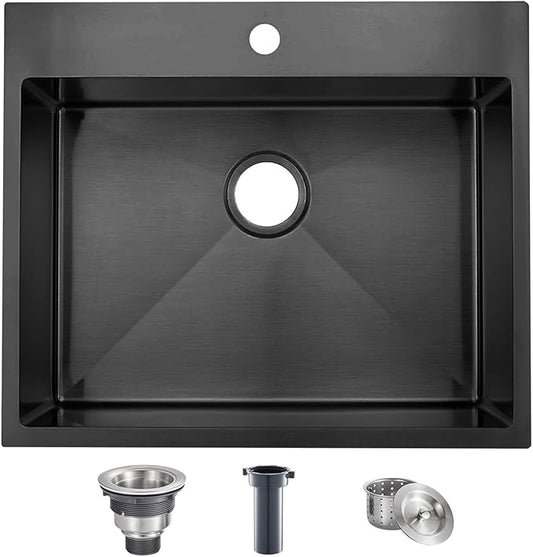 Black Drop In Bar Sink, 18 x 18 Inch Topmount RV 16 Gauge Gunmetal Black Stainless Steel Single Bowl Small Kitchen Sink, Handmade Modern Outdoor RV Wet Bar Perp Sinks with Drain