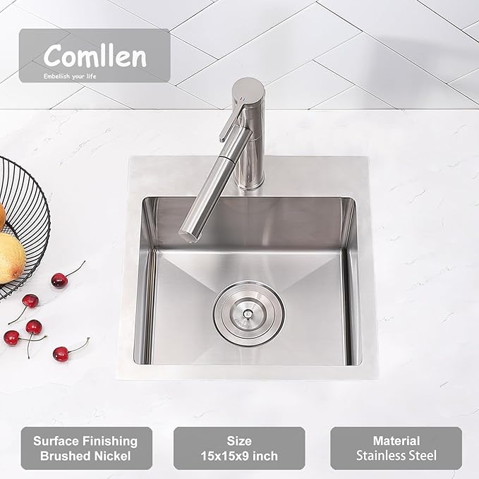 Comllen 15x15 Inch Drop In Bar Sink, Small Kitchen Sinks,18 Gauge Stainless Steel, Top Mount,9 Inch Deep, Single Bowl, Brushed Nickel, Outdoor Bar Sink, RV Kitchen Sink With Bottom Grid & Strainer
