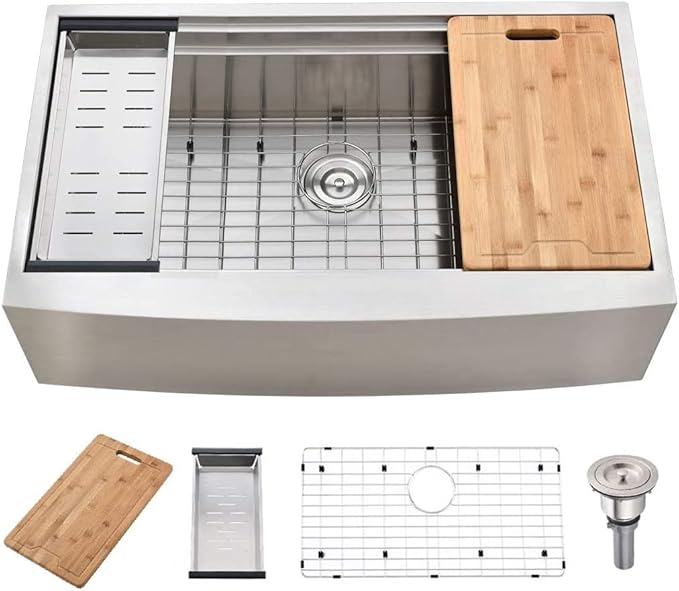 KINGO HOME 33 Inch 18 Gauge Handmade Stainless Steel Single Bowl Farmhouse Sink, Modern Farm Sink 33 Inch Apron Farmer Sinks for Kitchen Rustic With Accessories
