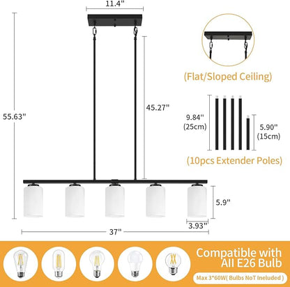 Modern Island Lights for Kitchen 5-Light Black Dining Room Light Fixtures Over Table Glass Penadnt Lights Adjustable Hanging Kitchen Island Lighting Linear Farmhouse Chandelier Over Island