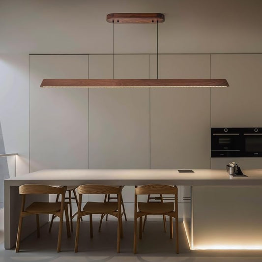 70" Wood Linear Pendant Light, Dimmable Kitchen Island Lighting with Remote, 30W LED Island Lights for Kitchen, Adjustable Linear Chandelier for Dinning Room Light Fixture, Bar, Pool Table - Walnut